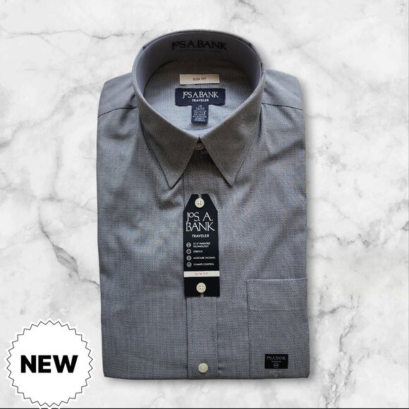 15 32/33 Black White Gray Shirt Slim Fit New Crosshatch Jos A Bank Traveler Mens - Picture 1 of 17
